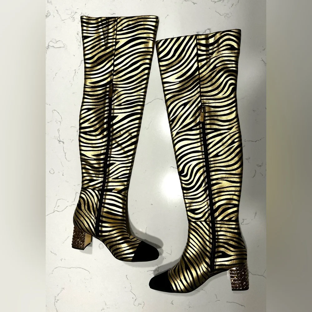 Kurt Geiger London Mayfair Zebra Metallic Gold Over The Knee OTK Boot 36.5 NWT